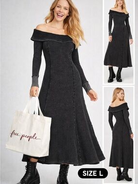 Free People Charcoal Black Off-Shoulder Knit Maxi Dress